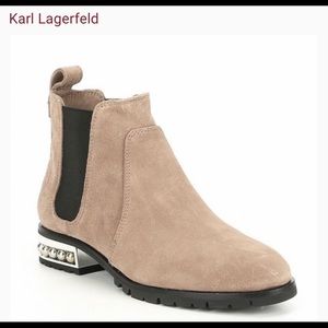 New Karl Lagerfeld Paris Simone chain heel suede boots.